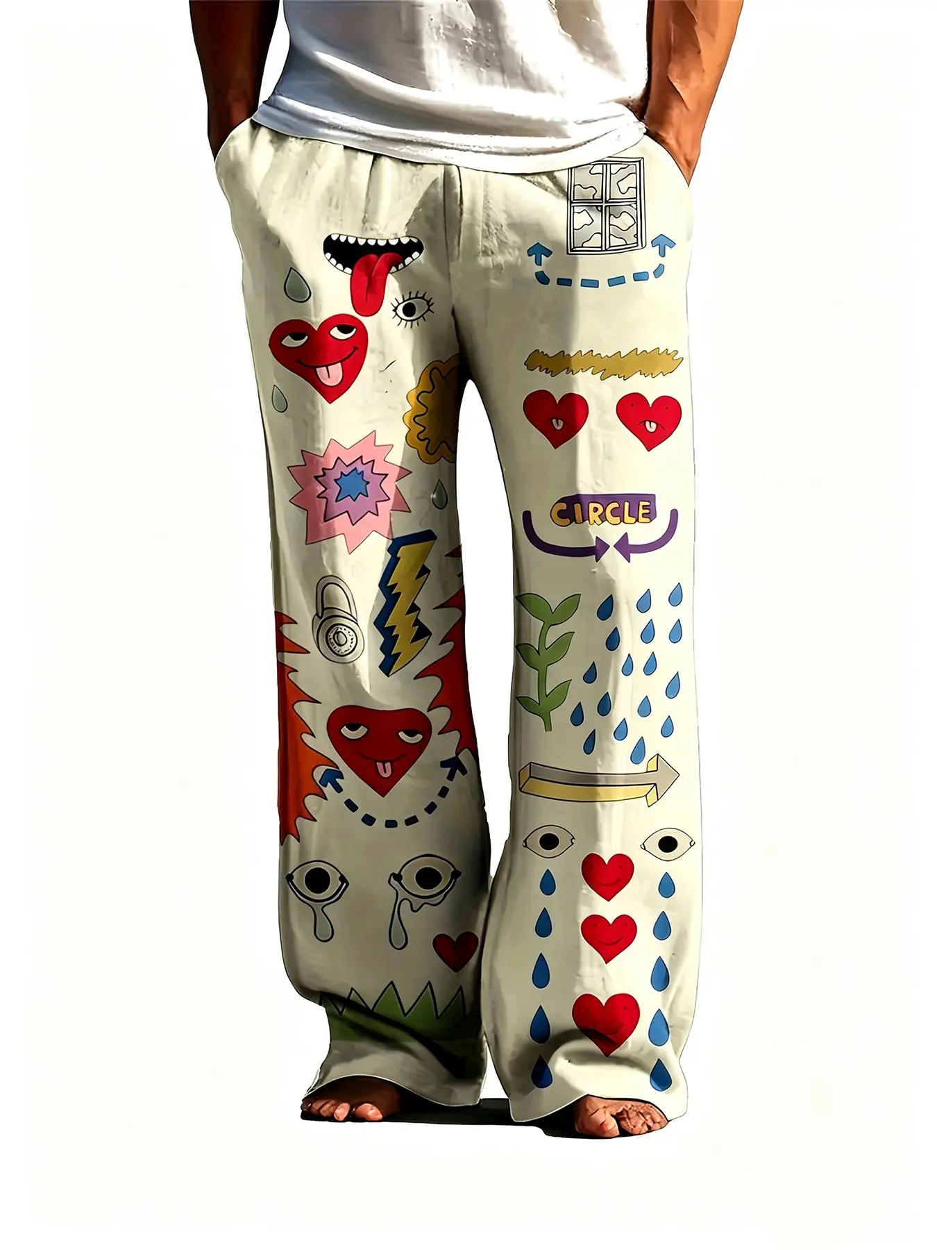 Graffiti Doodle Heart Face All Over Print Unisex Pajama Pants Elastic Waist Soft Breathable Casual Home Sleep Loungewear Daily Bottoms