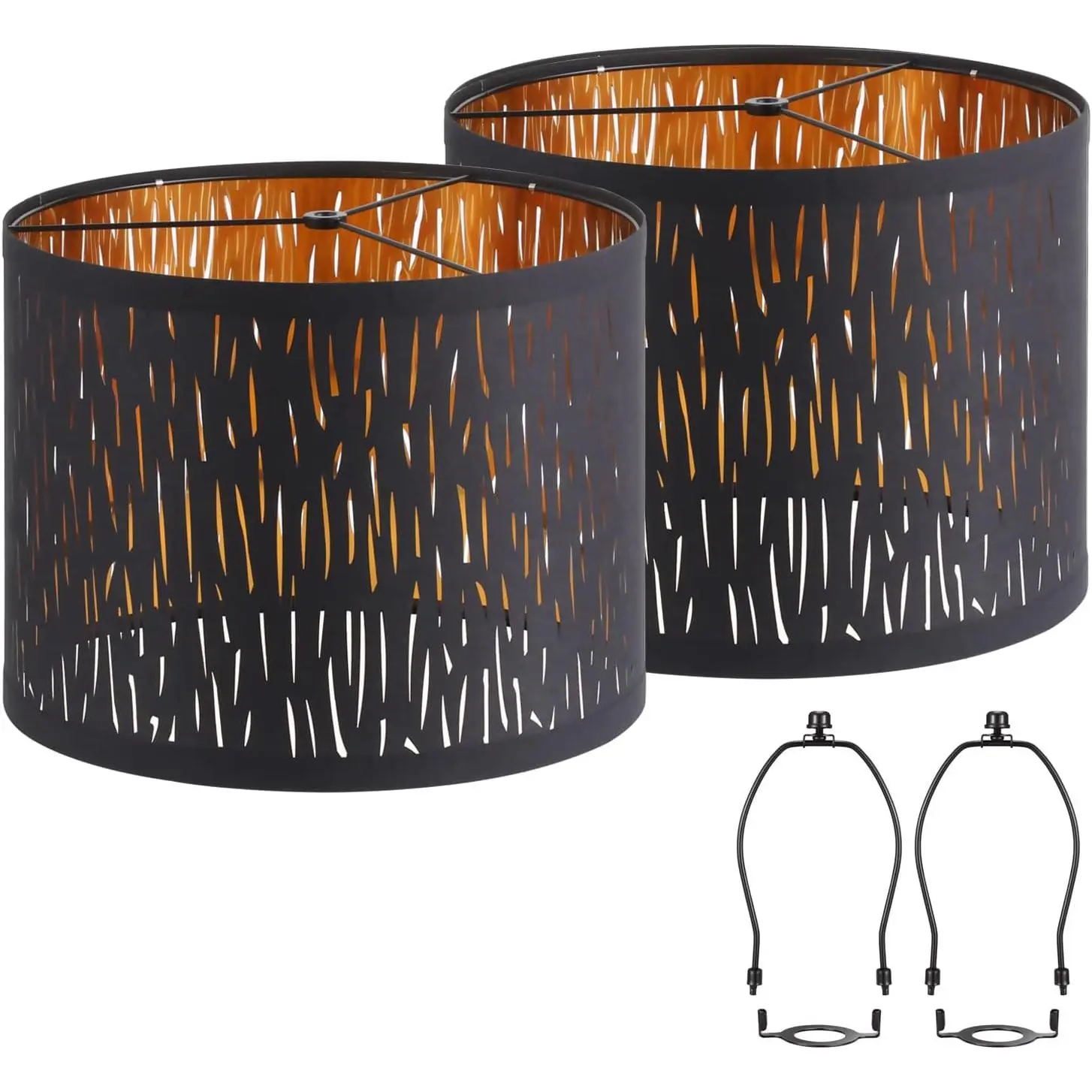 Set of 2 Black Drum Lampshades with Hollow-carved Design, 12.7" x 12.7" x 10 Inches, with Lamp Shade Harp Holder, Fits Table Lamp, Floor Lamp and Pendant Light