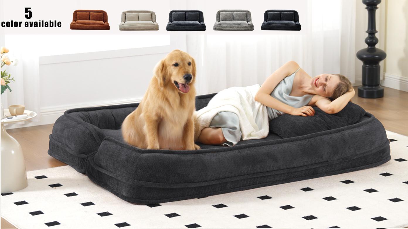 [Bellemave] Double human dog bed,Lazy sofa ,Loveseat,Fits You & Pets,Extra Large Floor Couch,Can sit or lie down,2-in-1,5 Adjustable Position, Plump Pillow,2 Seat,Chenille,Black