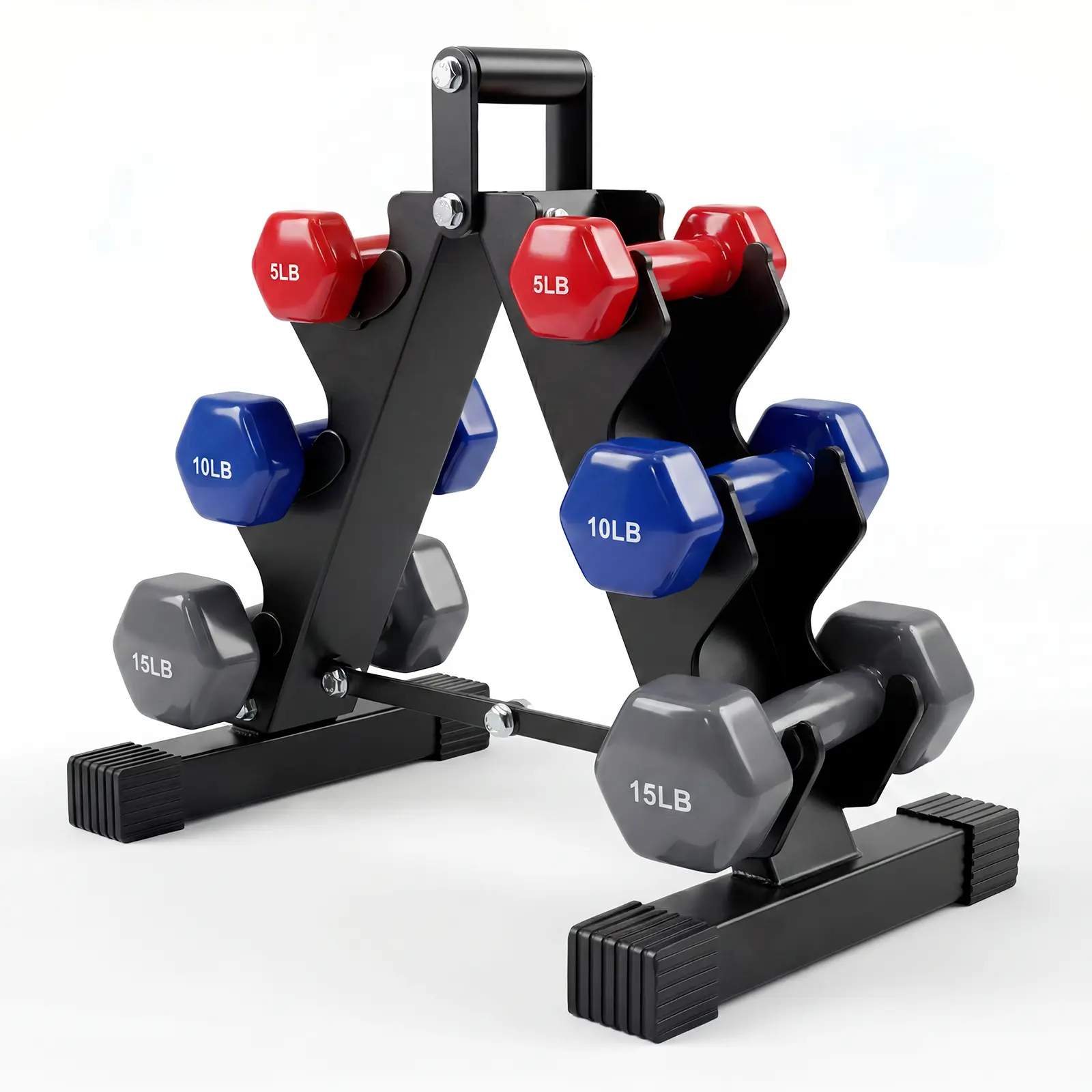 Neoprene Hex Dumbbell Set (5,10,15 lbs Pairs) with Folding Rack - Solid Iron Insert, Resistance Training, Muscle Building for Home Gym Fitness for Everyone