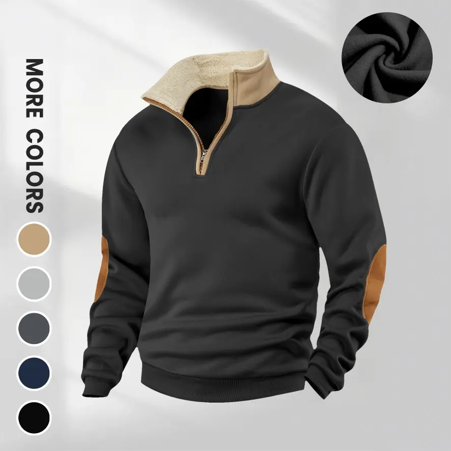 Men’s Vintage Quarter Zip Sweatshirt, Sherpa-Lined Stand Collar Pullover with Contrast Elbow Patches, Casual Long Sleeve Warm Top for Fall and Winter