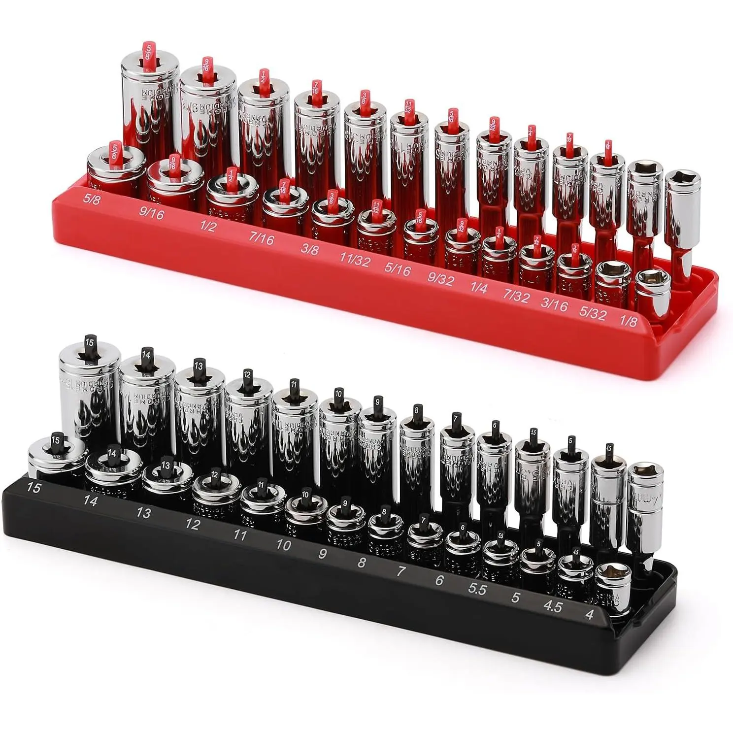 1/4-Inch Drive Socket Organizer Trays, 2- SAE and Metric Socket Tray Set, Deep and Standard Socket Holders Organizers for Toolbox, Black & Red
