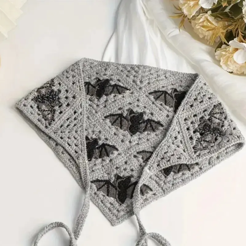 Boho Style Crochet Bat Pattern Triangle Headband, Halloween Cotton Knit Scarf Bandana, Fashion Accessory for Festive Occasions