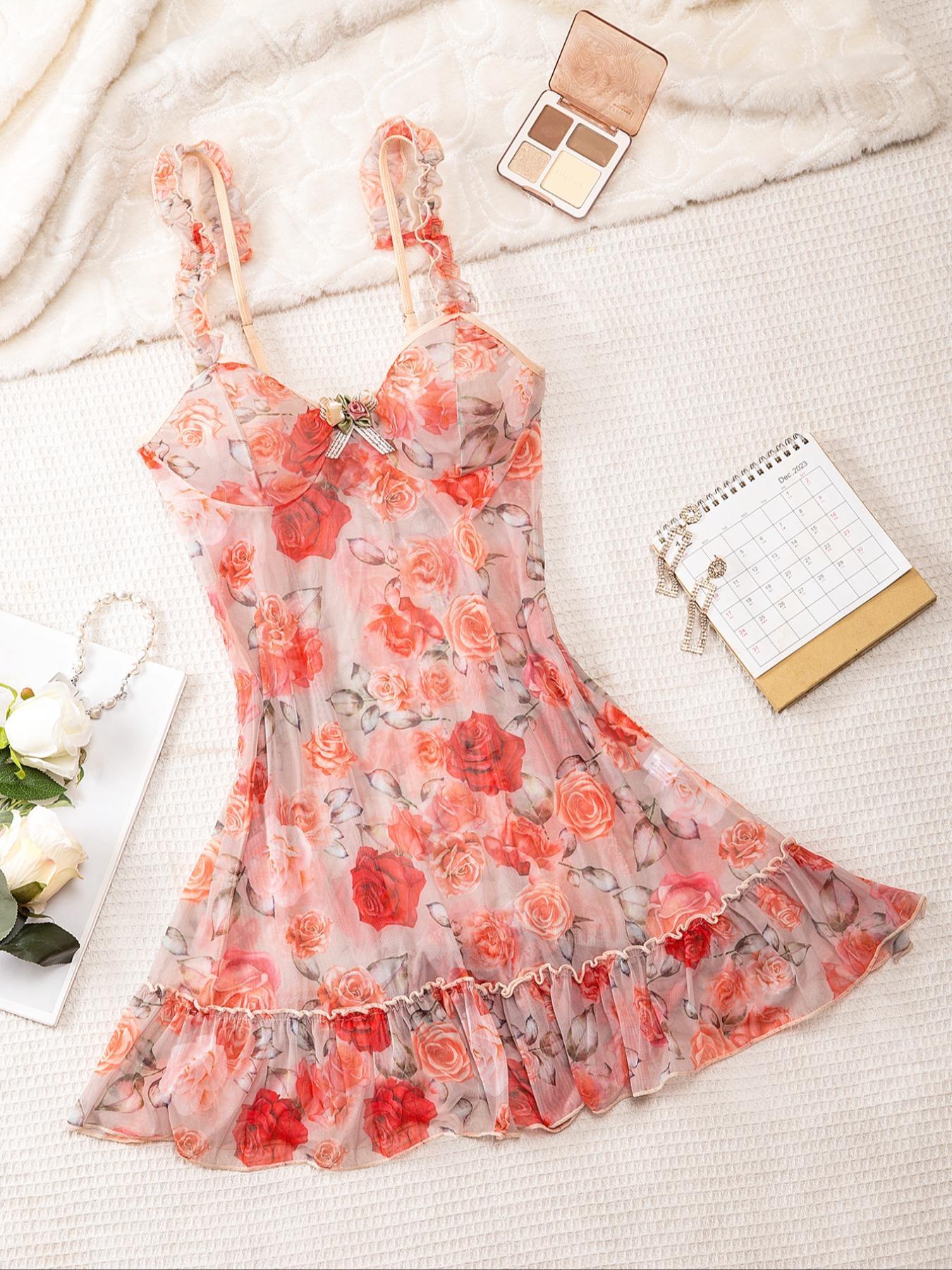 Women's Floral Print Bow Front Frill Tulle Cami Nightdress, Sexy Fit Spaghetti Strap Sleep Dress for Summer, Fashion Comfy Sexy Women Lingeries, Elegance Glam Lounge Wear, Nightwear, Womenswear