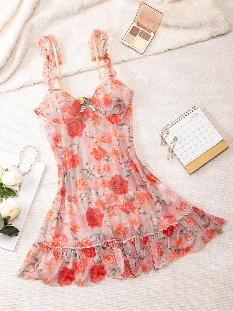 Women's Floral Print Bow Front Frill Tulle Cami Nightdress, Sexy Fit Spaghetti Strap Sleep Dress for Summer, Fashion Comfy Sexy Women Lingeries, Elegance Glam Lounge Wear, Nightwear, Womenswear