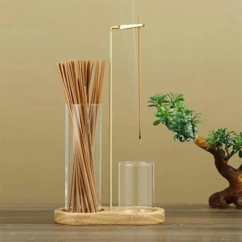 Rustic Wooden Incense Burner and 2-in-1 Candle Holder with Removable Glass Ash Collector, Minimalist Wabi Sabi Home Decor, Natural, Living Room, Dual Use, Burner/Holder, Decorative, Easy To Clean, Removable Trays, Soothing
