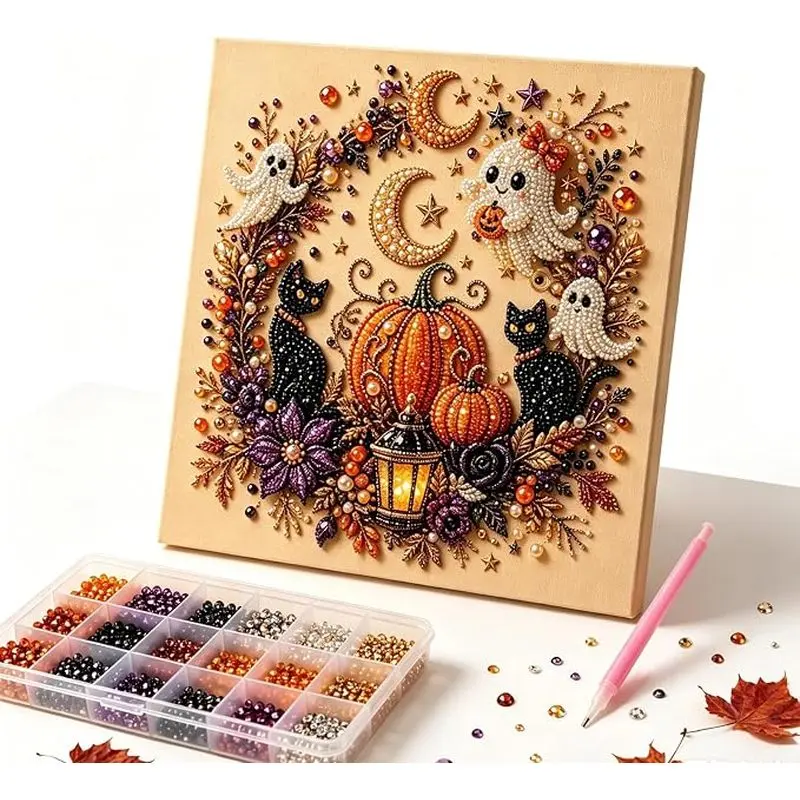Halloween DIY Pearl Painting Set - Creative Halloween Ghost Theme Pearl Painting DIY, without frame, suitable for adult fun handicraft making, home decoration and festival gift choice.