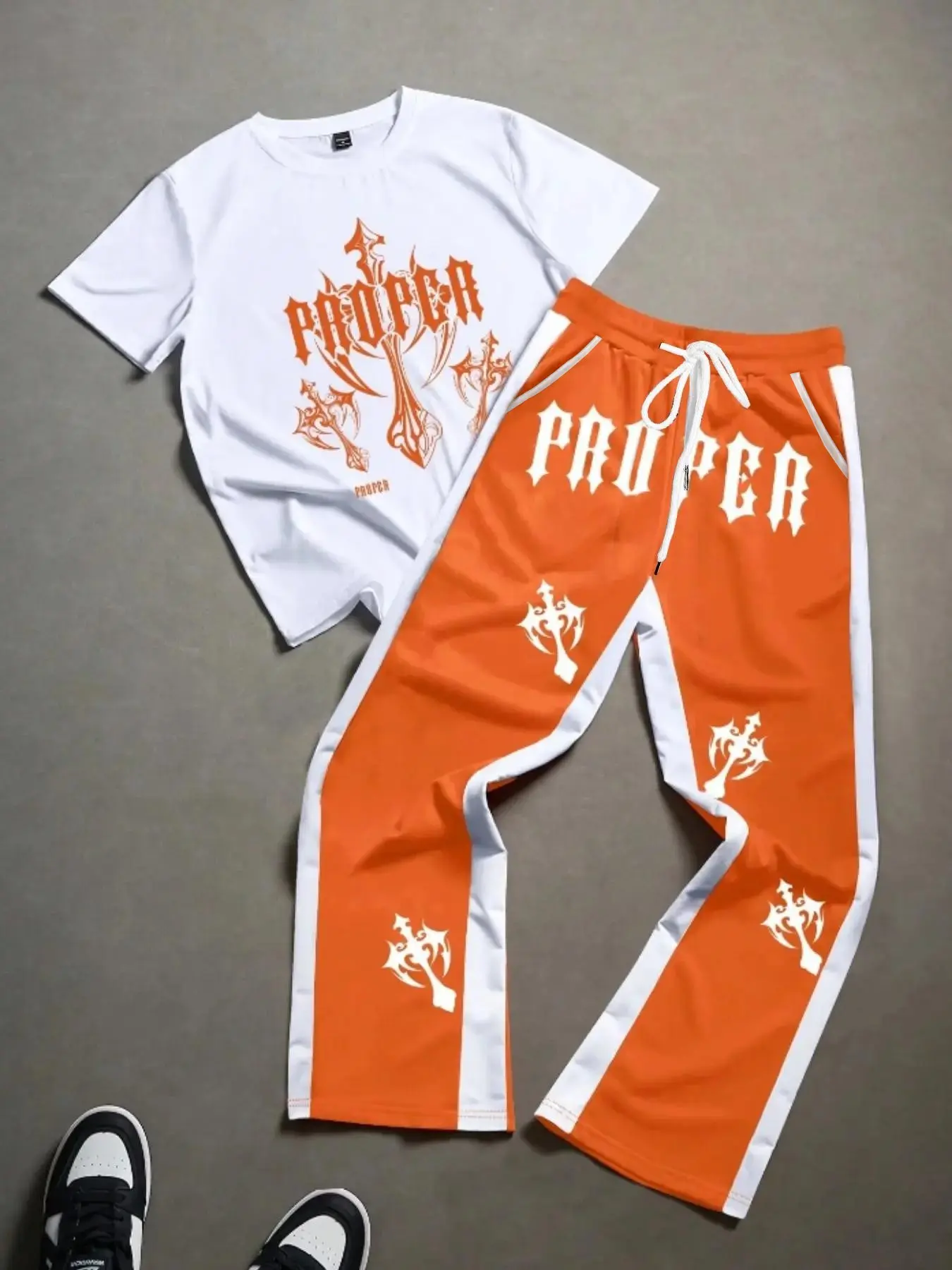 High Street Cool Cross Letter Print Short Sleeve Tee + Long Pants Set, Fashionable Athletic Fitted All-Season, Stylish Plain Surface Design, Man