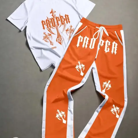 High Street Cool Cross Letter Print Short Sleeve Tee + Long Pants Set, Fashionable Athletic Fitted All-Season, Stylish Plain Surface Design, Man Clothes