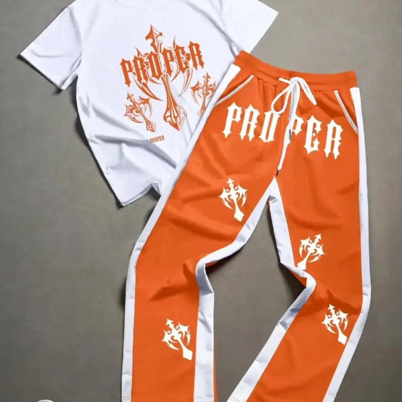 High Street Cool Cross Letter Print Short Sleeve Tee + Long Pants Set, Fashionable Athletic Fitted All-Season, Stylish Plain Surface Design, Man Clothes