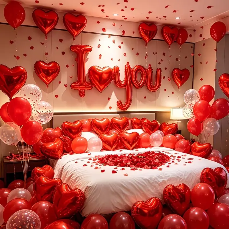 Red Heart I Love You Foil Balloon Banner Set with Heart Balloons, Valentine's Day Decoration Kit for Romantic Surprise, Proposal, Wedding, Anniversary, Engagement, Mother's Day, Birthday Party Decor