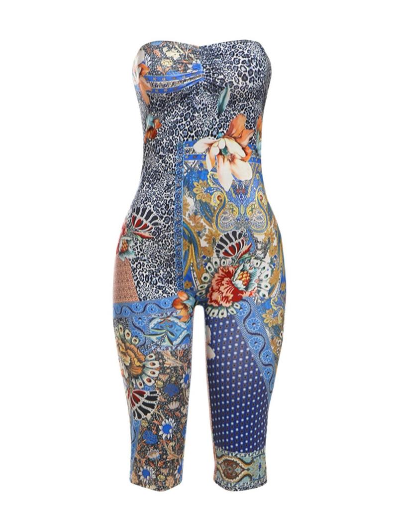 Women's Floral Print Tube Romper, Fashion Casual Sleeveless Romper for Daily Outdoor Wear, Ladies Clothes for Summer, Womenswear, Tight Fitted, Elegant Casual Romper, Casual Style Jumpsuit, Casual Comfy Jumpsuit