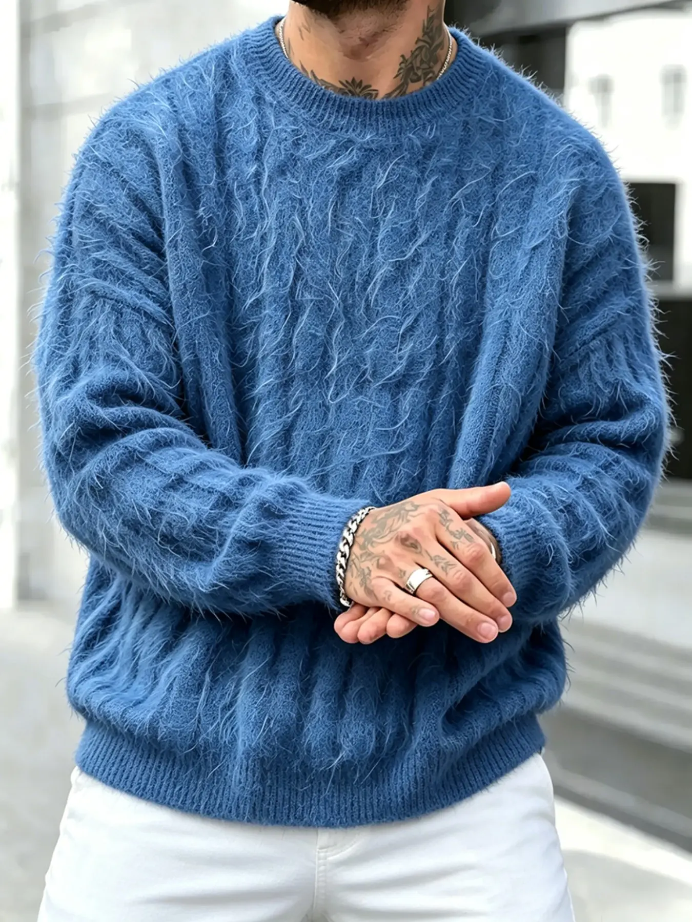 Blue Long Plush Knitted Home Wear Long Sleeve Sweater, Street Style Knit Sweater, Soft Comfortable Fabric, Casual Loose Fit, All Seasons