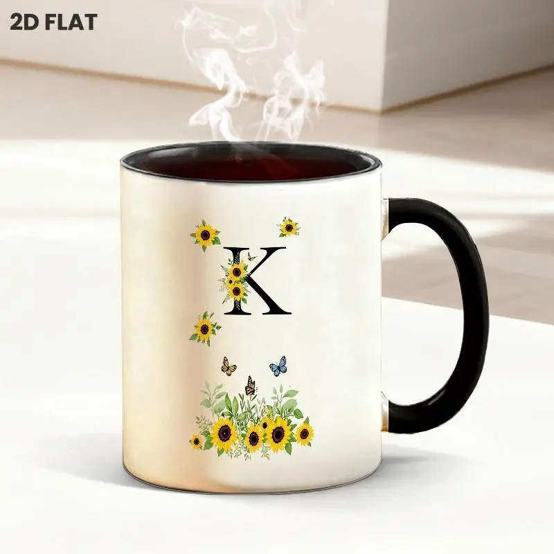 11oz Floral Letter K Print Ceramic Coffee Mug, Bright Sunflower & Butterfly Whimsical Pattern, Classic Drinking Cup for Daily Use, Perfect for Home Kitchen, Office & Beverage Serving Scenarios