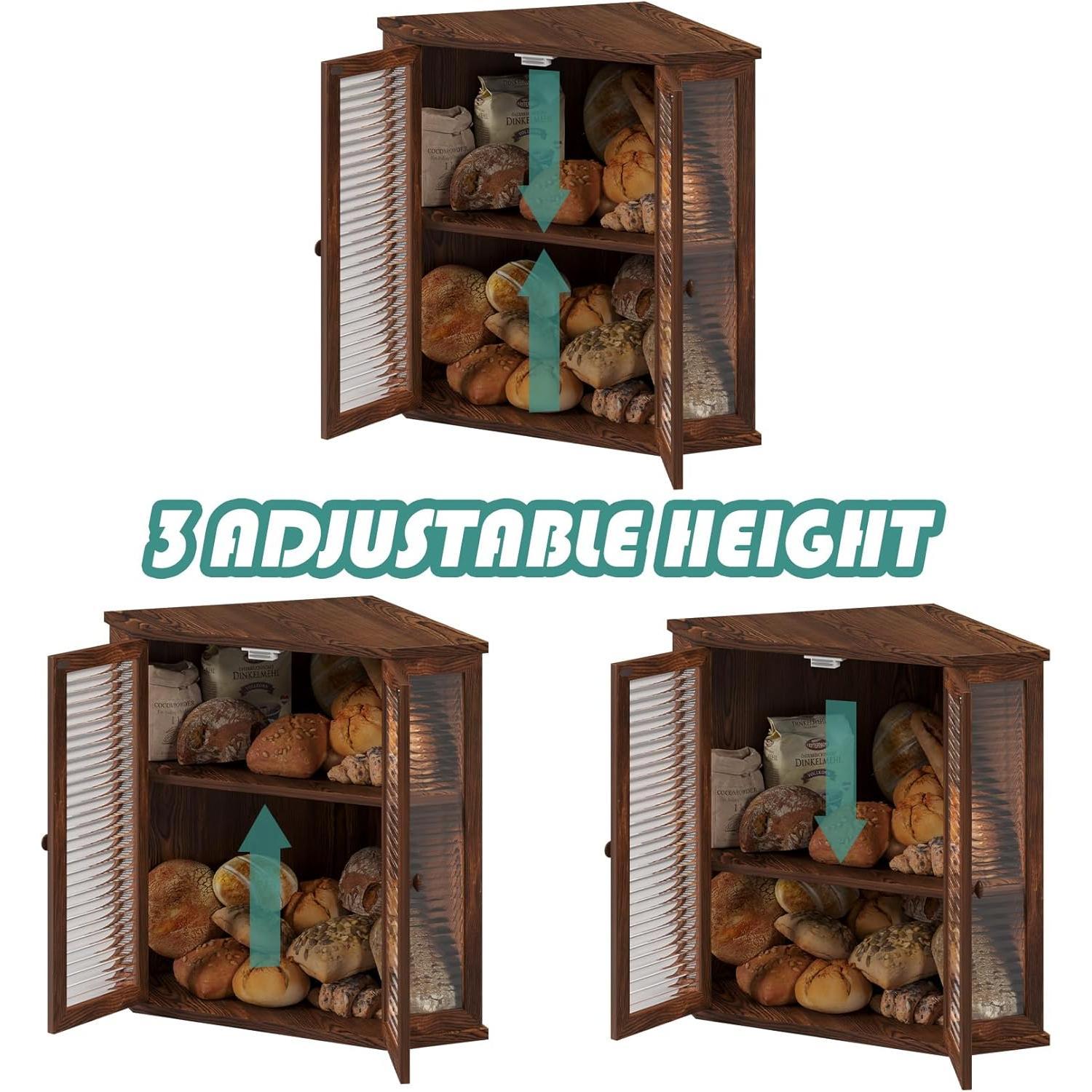 Corner Bread Box for Kitchen Countertop, 16.5 Inch Charred Pine 2-Tier Breadbox with Glass Wavy Door Panel,  Farmhouse Style  Design (Pine )