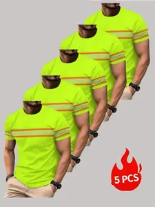 5-Pack Men's Fluorescent Striped Round Neck Short Sleeve T-Shirts, Summer Outdoor Workwear, Slim Fit, All over Print, Non-Reflective