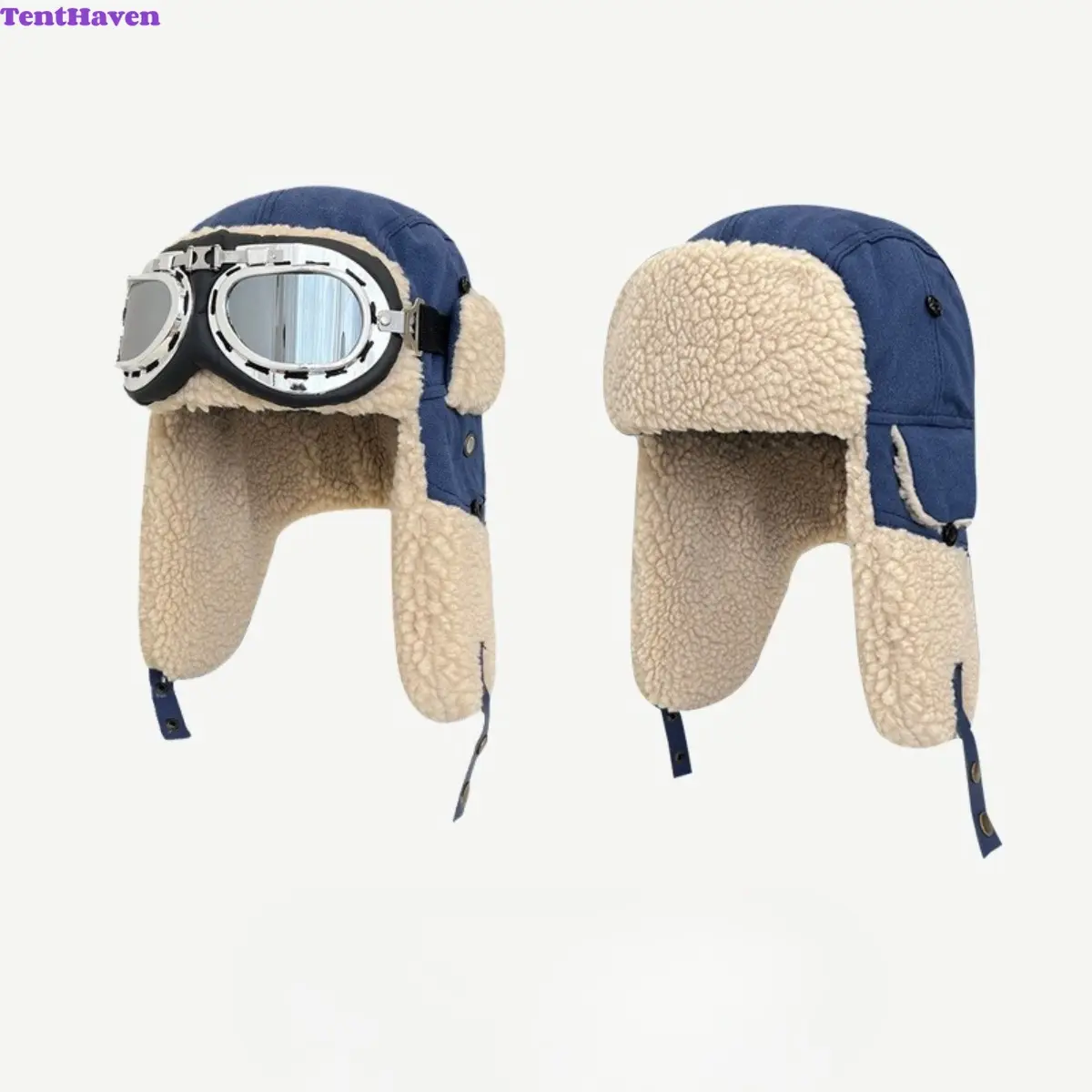 Blue Sherpa Lined Aviator Trapper Hat With Vintage Pilot Goggles, Unisex Windproof Warm Ear Flap Trooper Cap, Cold Weather Motorcycle Ski Winter Hat For Men Women