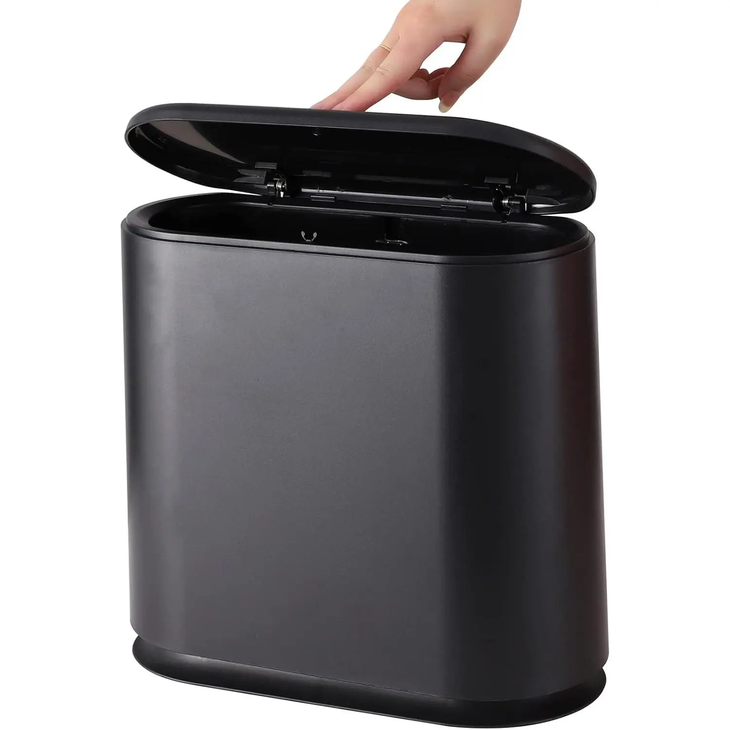 Black Slim Bathroom Trash Can with Press Top Lid,12 Liter Small Thin Garbage Can,3.17 Gallon Narrow  Proof Plastic  Basket and Covered Wastebasket for Room,Bedroom,Kitchen,Toilet,Office,Dorm