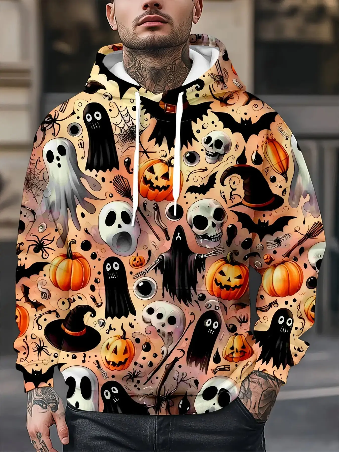 Men's Light Gradient Hoodie, Halloween All over Print, Cartoon Ghost Pumpkin Skull Bat Witch Hat Spider Web, Long Sleeve Festival Party Sweatshirt