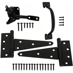 Heavy Duty Gate Hardware Kit, 6 Inch Tee Hinge and Pull Set, Outdoor Fence Swing Gate Accessories with Screws, Black Finish, Rust Resistant, Secure Locking for Wood Gates