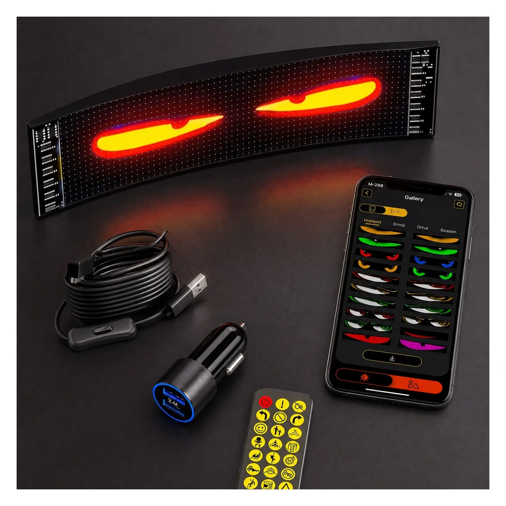Flexible LED Windshield Sign with Devil Eyes Animation, Remote Control & Bluetooth App for Cars SUVs Trucks, 14.6" x 3.6" - 1PCGift