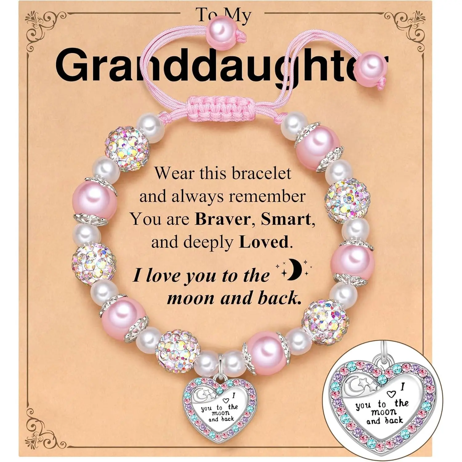 I Love You to The Moon and  - Heart Bracelet for Granddaughter/Daughter Valentines Day Birthday Christmas Gifts