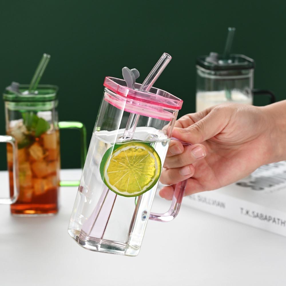 6 Sets Glass Cups with Lids & Straws, Square Drinking Glasses with Lids, Clear Highball Tumblers for Cocktail, Coffee, Juice, Beer, Modern Mixed Drinkware Jars