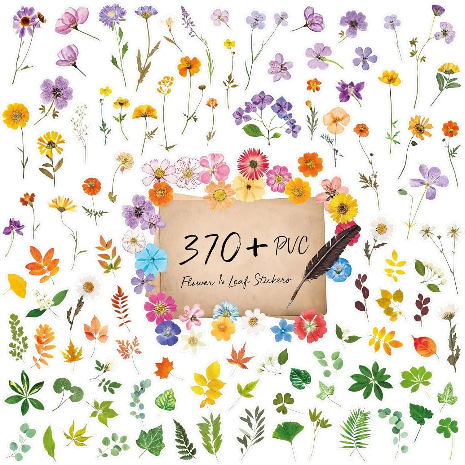 370+ PCS PVC Flower Stickers, Self-Adhesive PVC Greenery Stickers Nature Plant Decals for Scrapbook, Laptop, Journal, DIY Project, Spring Themed Party Decors