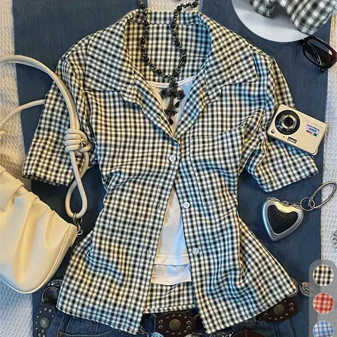 Women's Casual Retro Vintage Plaid Short Sleeve Shirt Blouse, Polo Neck Design, Comfortable Style, Ideal for Daily Wear, Back-To-School Season, Casual Basic Top, Fashion Casual Wear