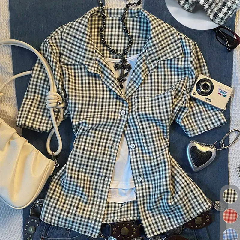 Women's Casual Retro Vintage Plaid Short Sleeve Shirt Blouse, Polo Neck Design, Comfortable Style, Ideal for Daily Wear, Back-To-School Season, Casual Basic Top, Fashion Casual Wear