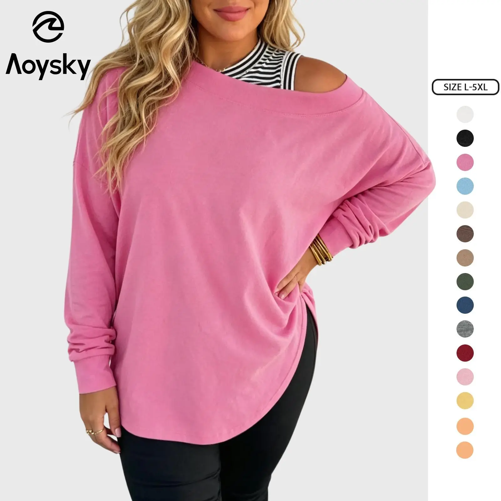 Aoysky Women's Plus Size Boat Neck Tunic Top, Baggy Long Sleeve Basic Holiday Tee with Thumbholes and High-Low Hem, Oversize, Minimalist, Casual, All Seasons, Cotton, Clothes, Longsleeves, Shirts, Comfy Casual, Plus Size Tops, Lady, Elastane