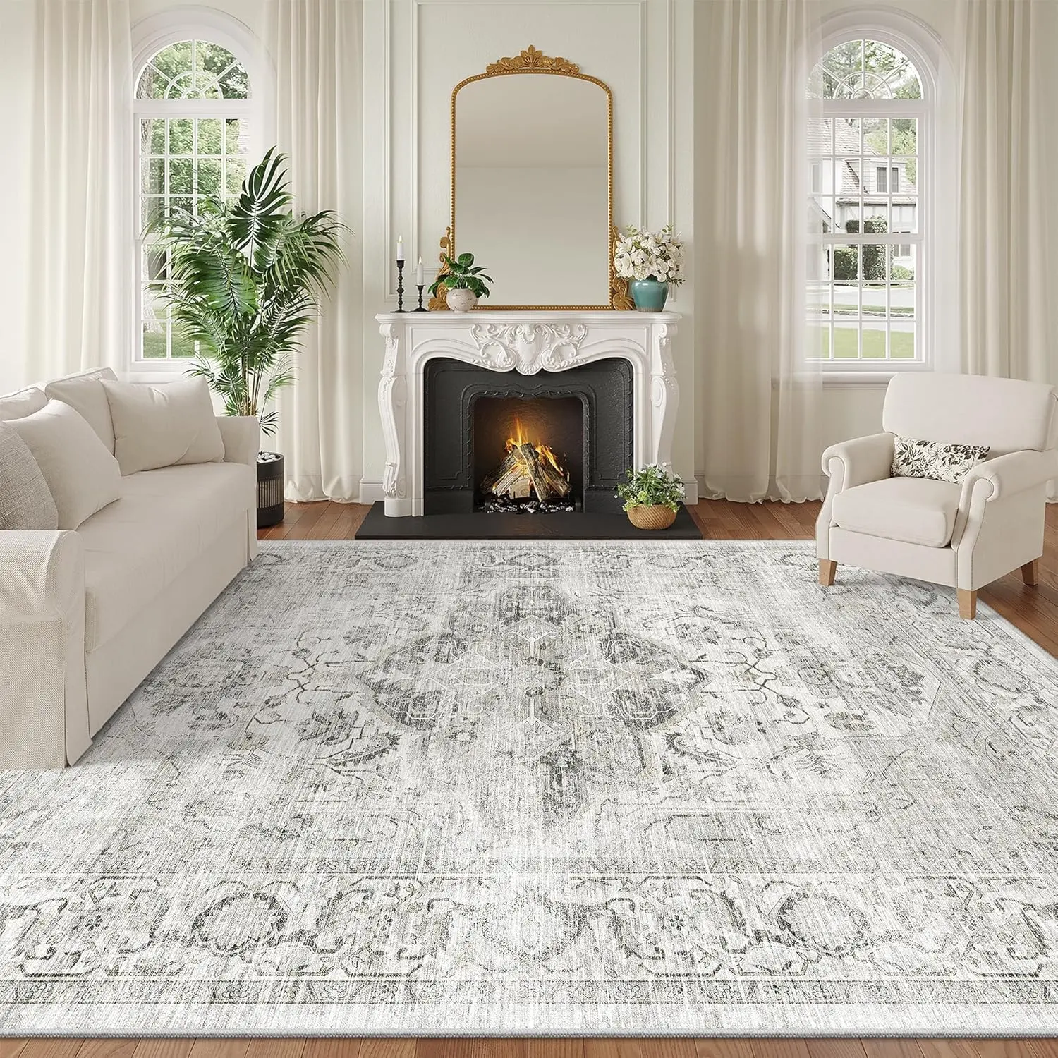 ComiComi Washable Water Resistant Vintage 8x10 Area Rug - Large Soft Rugs for Living Room, Stain Resistant Rugs for Bedroom with Non Slip Backing, Home Decor, Indoor Floor, Mat,Home Office, Apartment (Ivory/Gray,')