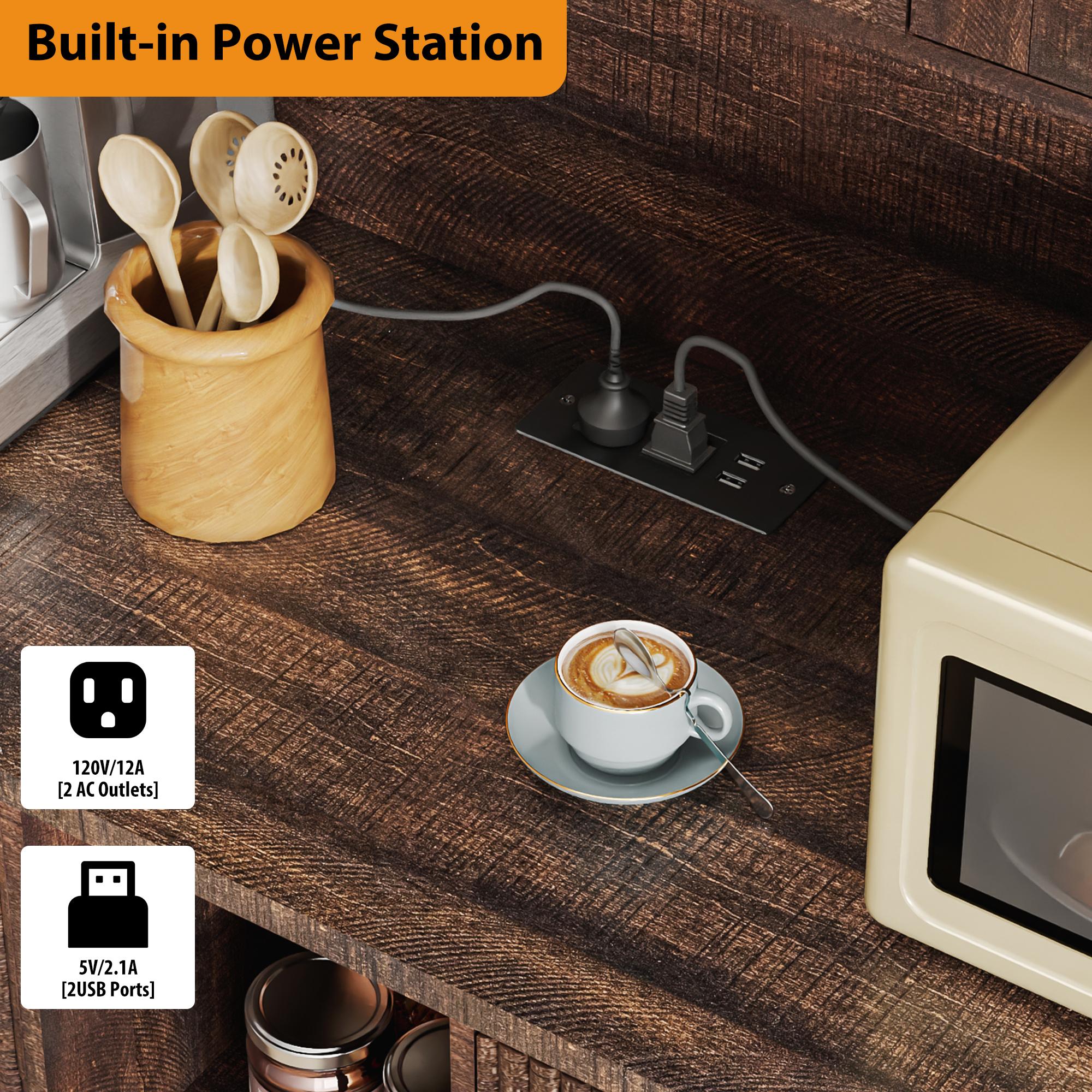 【2Packages Shipping】10×2 Gallon Double Tilt Out Garbage Can Hutch Cabinet with Two Drawers, 71'' Farmhouse Pantry Cabinet with Power Outlet, 47" Wide Pantry with Hidden Garbage Storage for Dining Room, White/Dark Brown