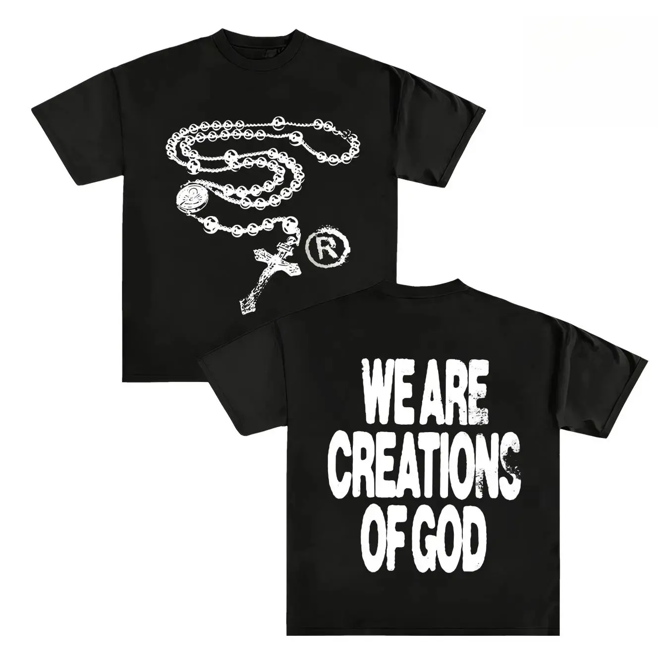 Y2K High - Street Religious - Themed Tee With 'We Are Creations Of God' Slogan (220g Cotton T-Shirt) Printed T-Shirts, Cotton T Shirt Unisex T-Shirts white graphic