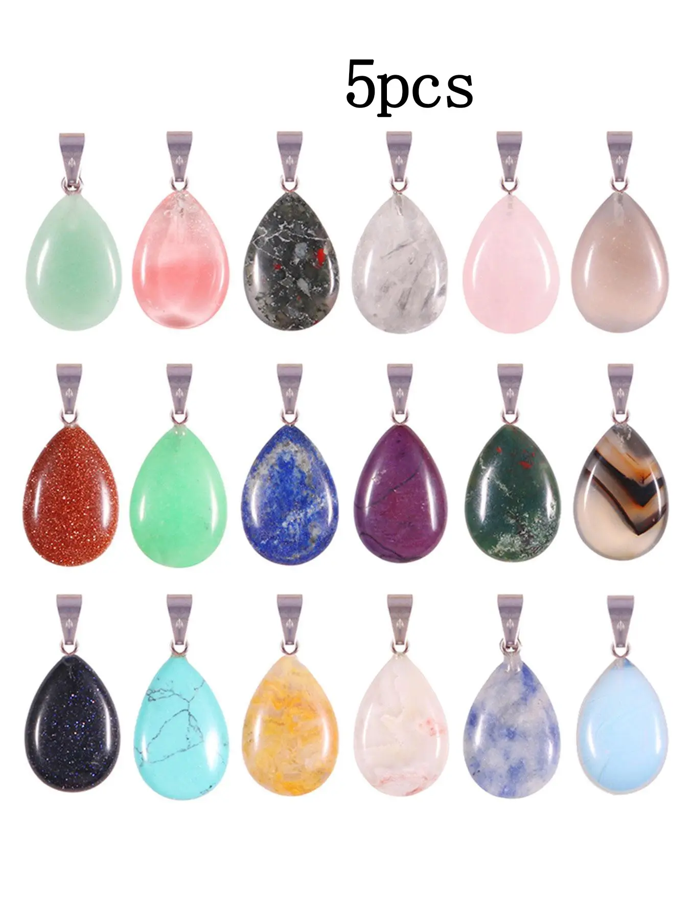 5pcs Flat Water Drop Pendant, Droplet Pendant Natural Crystal Pendants, Crystals And Healing Stones, Healing Stone Pendant, Healing Heart Chakra Decorative Ornaments, Handmade Crystal Jewelry Accessories