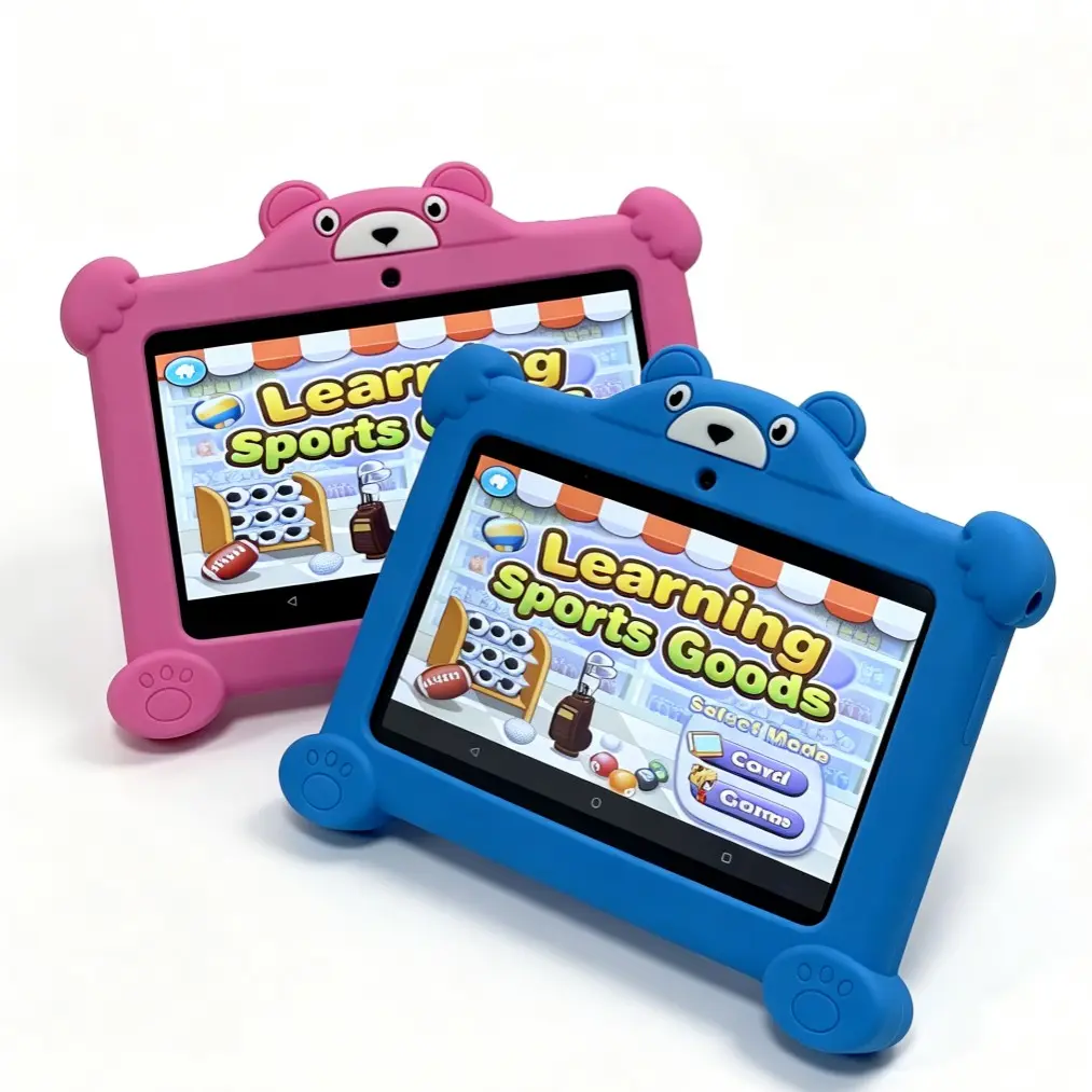 7 Inch Kids Tablet for Toddlers, 2GB RAM 32GB Storage, 3000mAh Long Lasting Battery, Shockproof Bear Silicone Protective Case with Kickstand, Educational Learning Games, Dual Color Pink & Blue Kids Tablet for Girls Boys