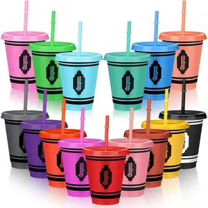 Rtteri 15 Pcs Crayon Cups with Lid and Straw Teacher Appreciation Tumblers Gift Bulk 16 oz Reusable Plastic Cups Crayon Party Favors for Graduation Back to School Party Supplies