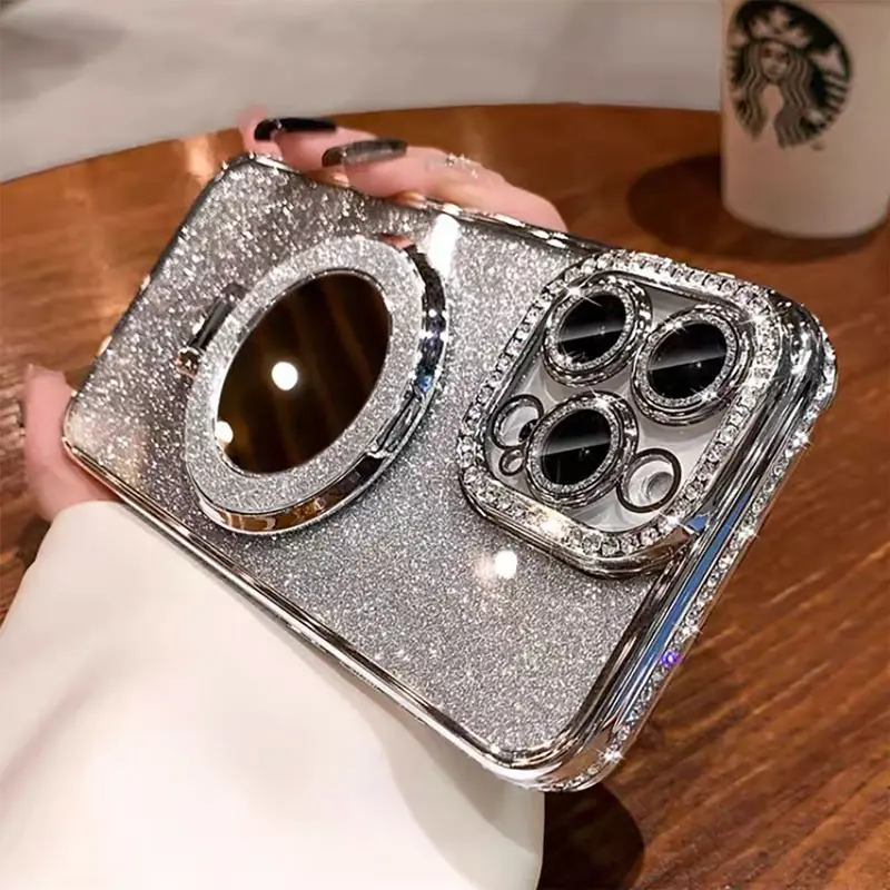 Silver Color Gradient Glitter Diamond Phone Case, Electroplated Anti-Drop Soft Shell with Makeup Mirror, Full Lens Protection for iPhone