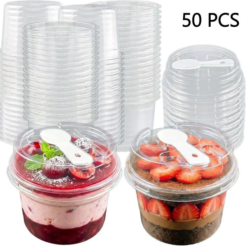 50 Pcs Plastic Dessert Cups with Lids and Spoons, Banana Pudding Cups with Lids Mini Dessert Shooters for Party Individual Yogurt Parfait Jello Fruit Trifle Plastic Disposable Cups