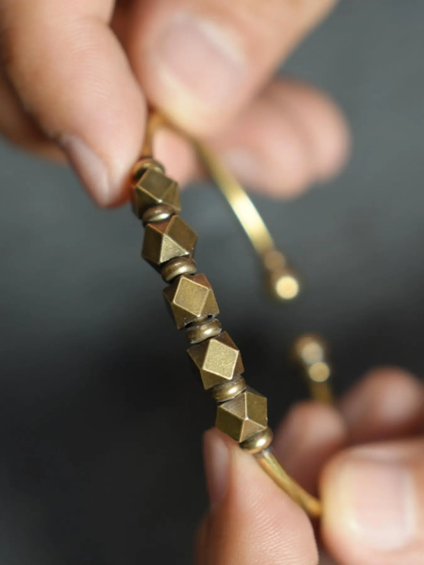 Minimalist Vintage Geometric Beaded Copper Cuff Bracelet, Antique Bronze Open Bangle, Casual Chain Print, All Seasons Jewelry