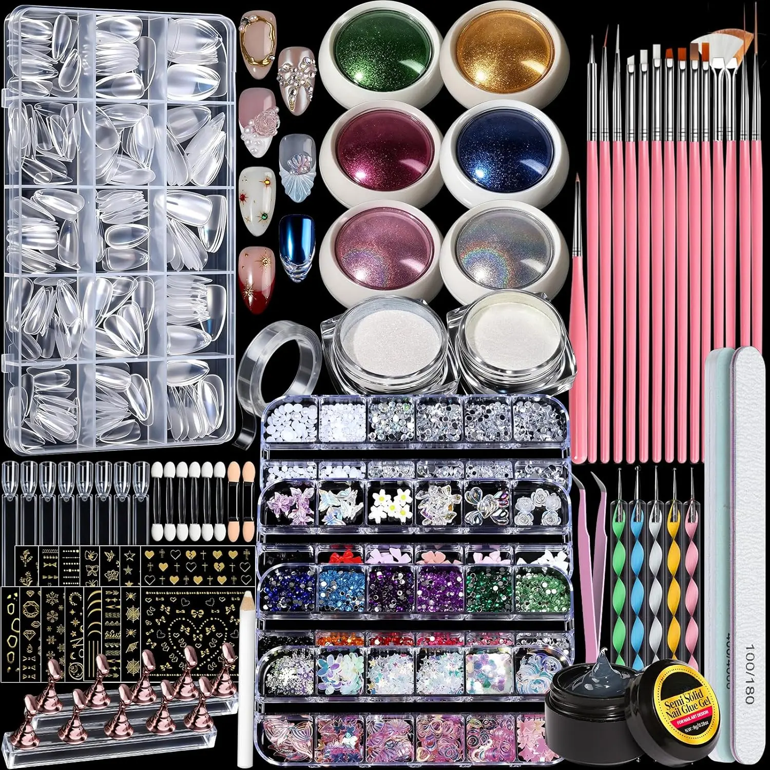 Beginner Manicure Acrylic Nail Kit - Chrome Powder, Almond Tips, Art Brushes, Charms, 3D Gel, Tools, Stand