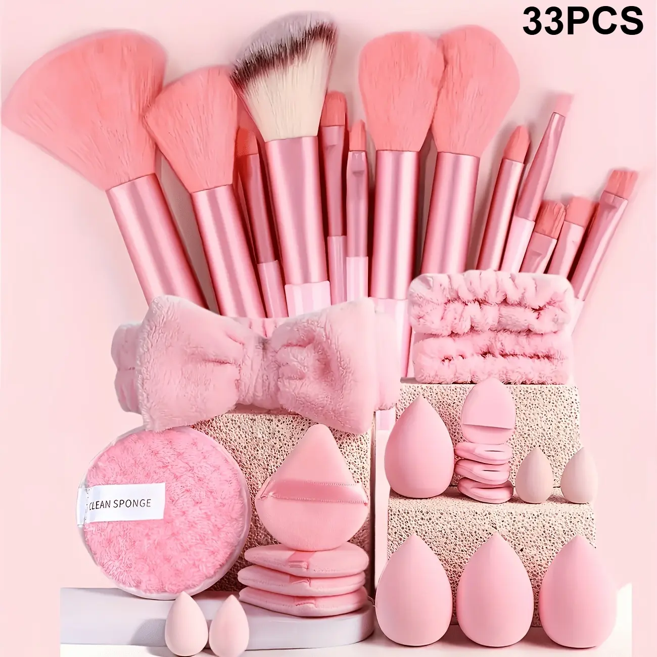 33 pieces Makeup Brush Set for Women, Pink Beauty Makeup Tools Kit with Foundation Brushes, Eyeshadow Brushes and Makeup Sponges, Soft Face Brushes for Beginners, Daily Makeup Routine and Beauty Gifts