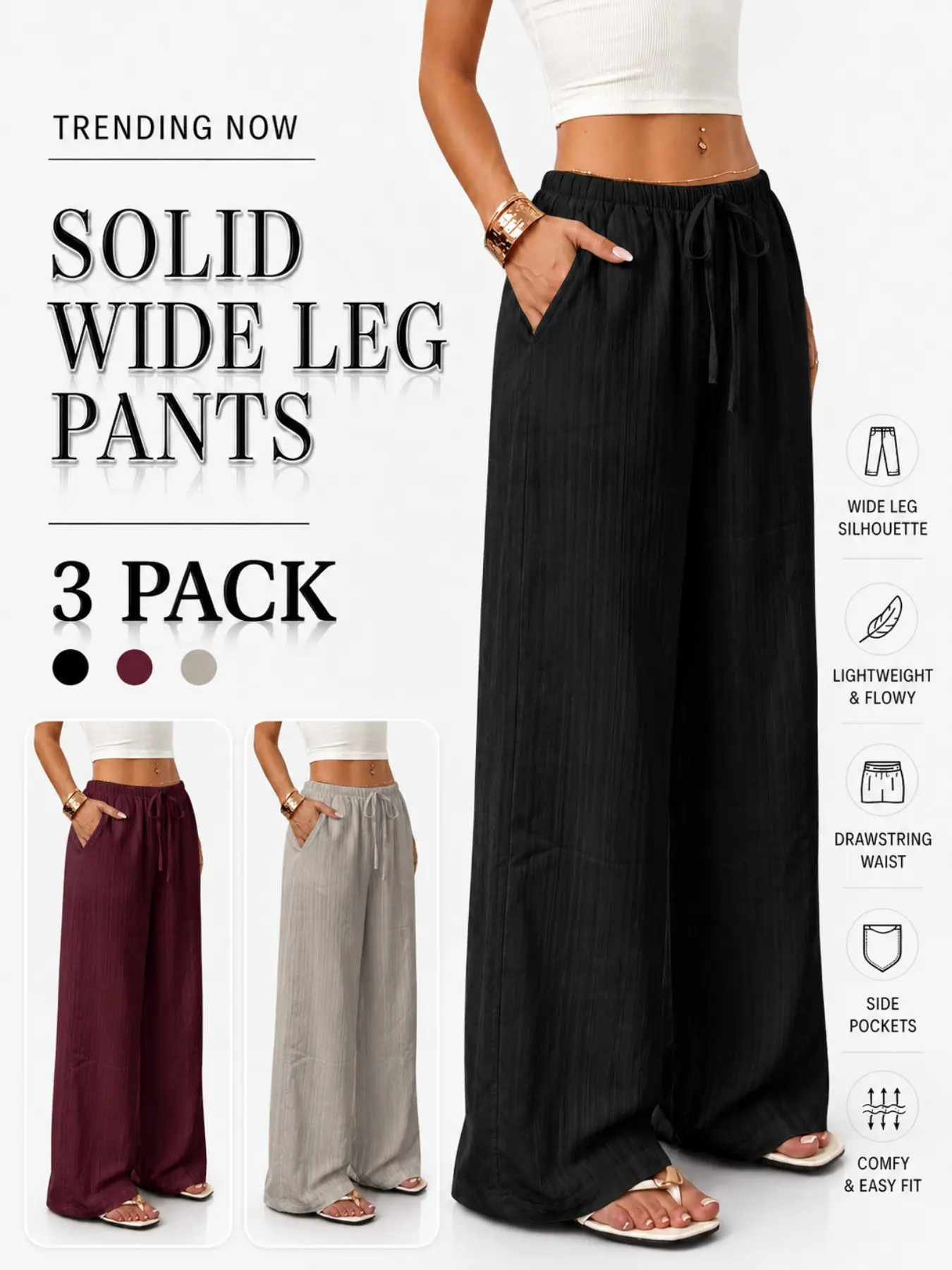 Women's 1-3 Pack Wide Leg Pants, Solid Color Palazzo Pants with Elastic Drawstring Waist & Side Pockets, Lightweight Flowy Loose Fit Casual Pants for Travel, Vacation & Everyday Wear