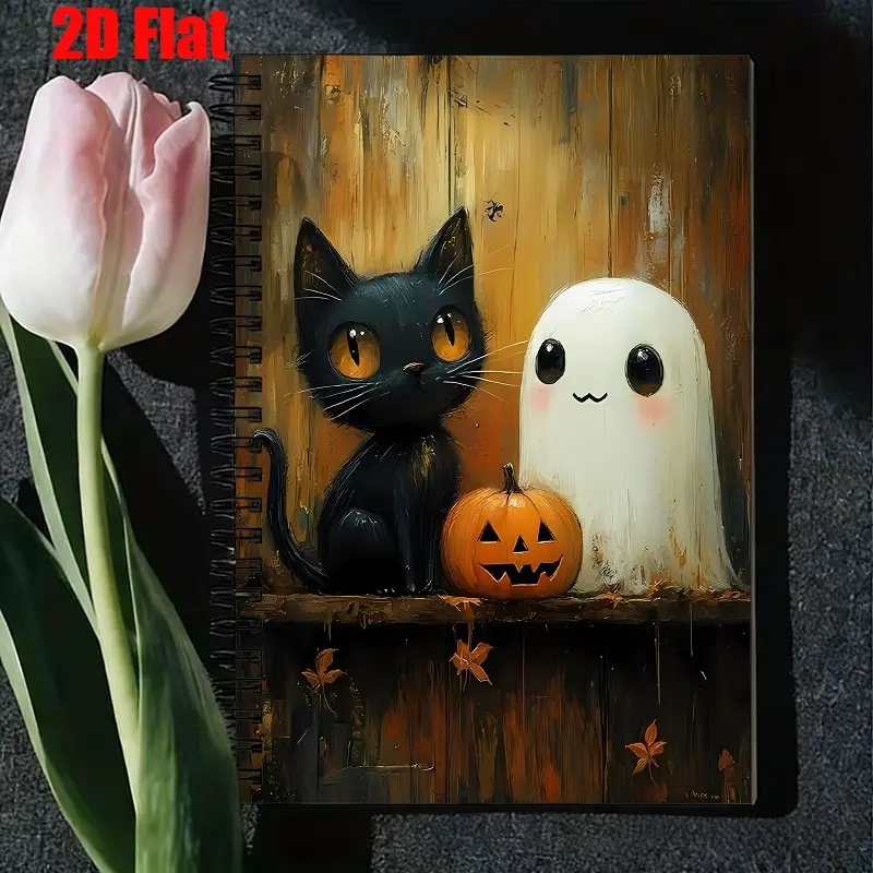 1 Halloween Spiral Notebook, 5.7x8.26 inch, Cute Black Cat & Ghost Design, High-quality Lined Pages, Durable Coil Binding, Perfect for Halloween Party Notes, Trick-or-Treat Planning, Holiday Journal, Halloween Gift for Kids and Adults [2D] Flat