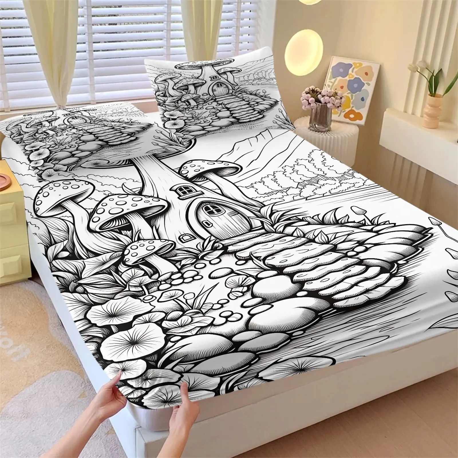 3PCS Black White Line Art Mushroom Fairy House Fitted Sheet Set (1 Fitted Sheet + 2 Pillowcases),Soft Breathable Wrinkle Resistant Fabric,Deep Pocket Anti-Slip Full Wrap Design,Fairycore Cottage Bedding Perfect For Whimsical Bedroom