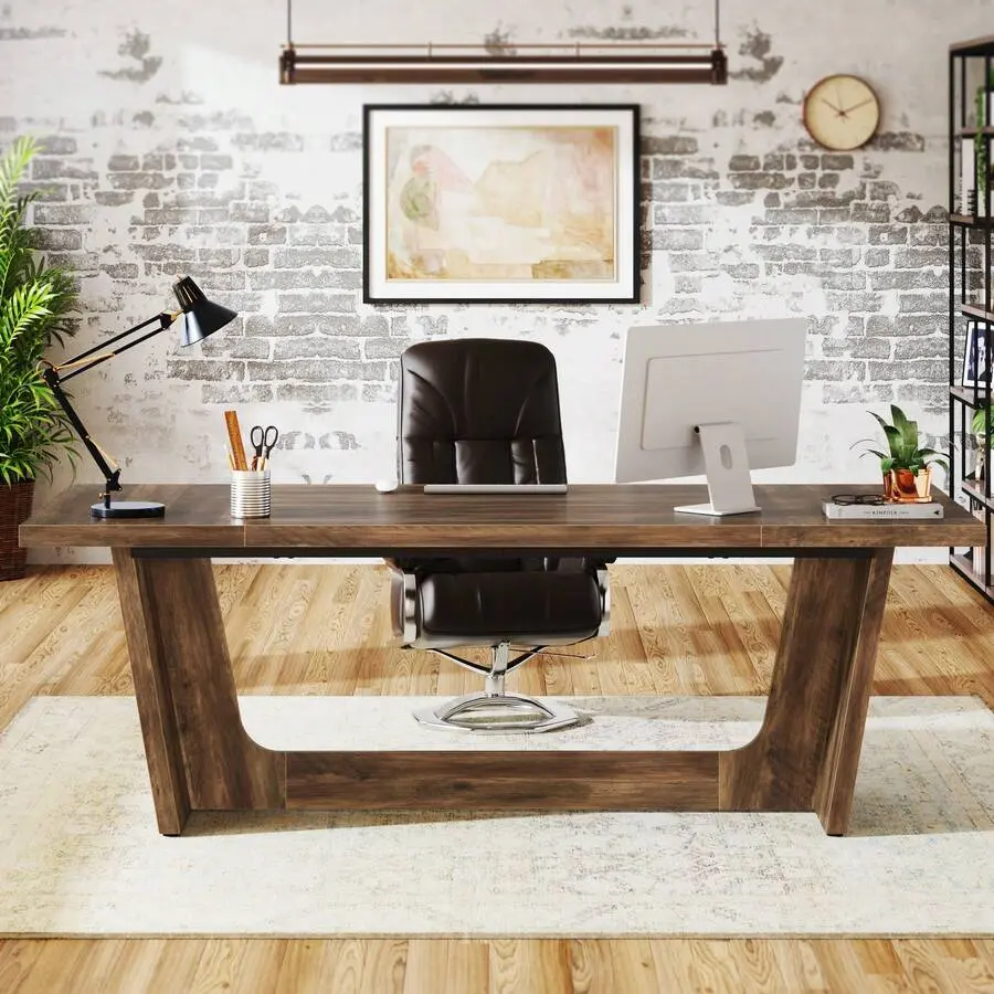 70.87in Executive Desk - Industrial MDF Wood Workstation, Large Home Writing Table with Solid Wooden Pedestal, Scratch-Proof Commercial Furniture, Easy Setup
