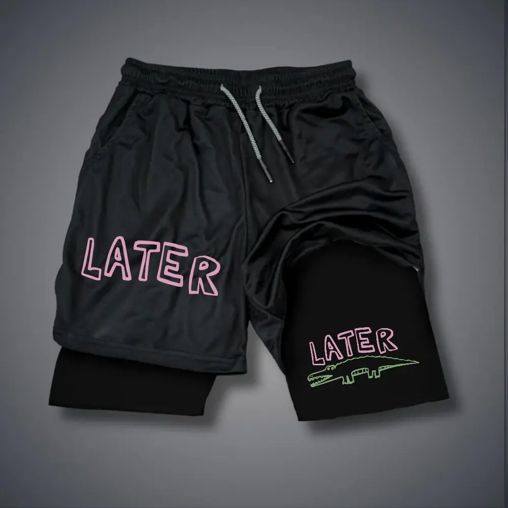 Unisex LATER Cute Cartoon Crocodile in Minimal Line Art Graphic Double-layer Shorts Personalized Pattern Y2k Clothing Double-layer Shorts,Women's Clothing, Menswear, Vintage Style,Summer Casual Oversized