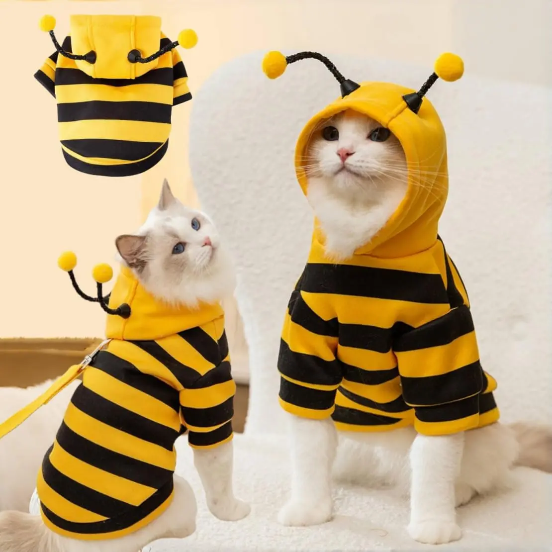Cat Bee Antennae Costume Hoodies Cute Bee Stripes Dog Kitten Puppy Pet Apparel (Small,Yellow&Black)