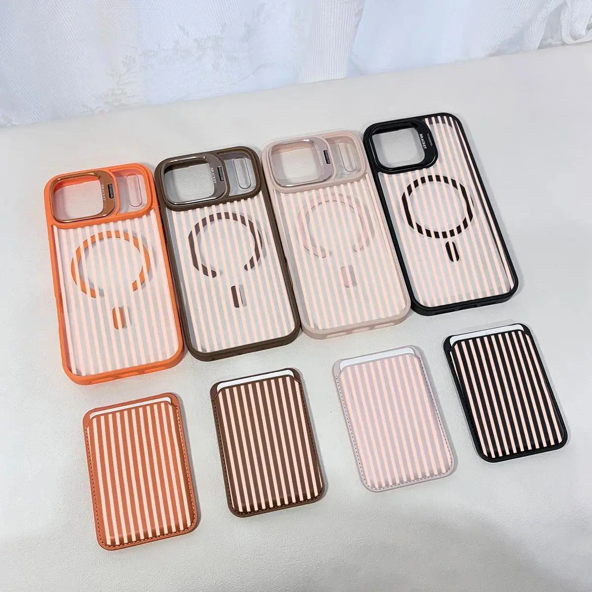 Pink Aesthetic Vertical Stripe MagSafe Phone Case with Magnetic Metal Card Holder Wallet, Shockproof Accessory, Tempered Glass Cover for iPhone 16/17 Pro Max (Handheld Device Accessories Included)