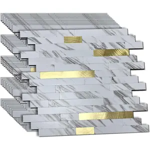 10 Sheets Peel and Stick Backsplash Tile for Kitchen, Self-Adhesive Mosaic Tile, Stick on Bathroom Vanities, Fireplace Decor, Laundry Table, White Marble + Gold-3, Metal Aluminum PVC Material